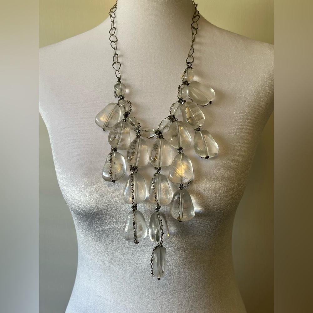 Chico’s Fashion Designed Statement Clear Acrylic Ice Stoned Strand Necklace 42”